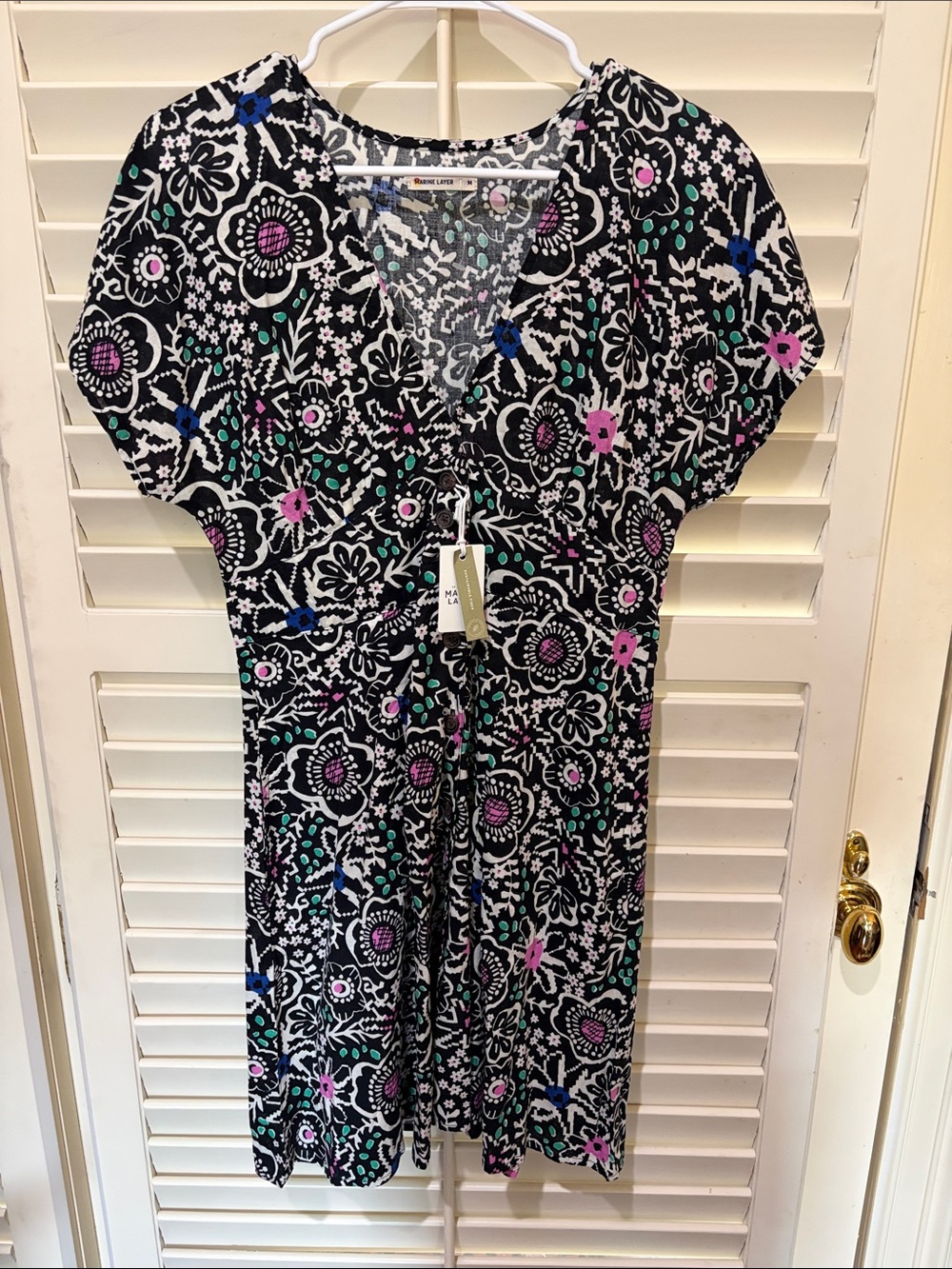 Marine Layer Black Floral Dress with Pink & Teal Accents. Size S. NWT
